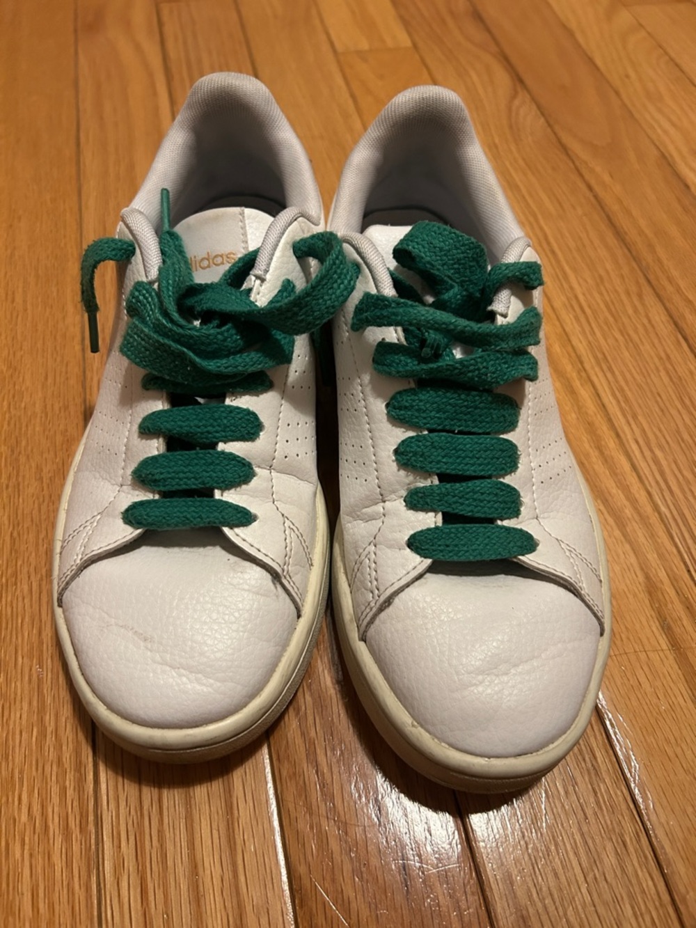 adidas White Leather Sneakers with Green Laces